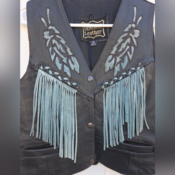 Edgy Black Leather Vest with Blue Fringe - Picture 5 of 6